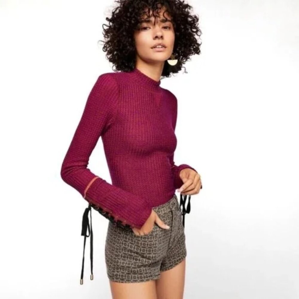 Free People Mountaineer Lace Up Thermal Waffle Top Sweater Wine